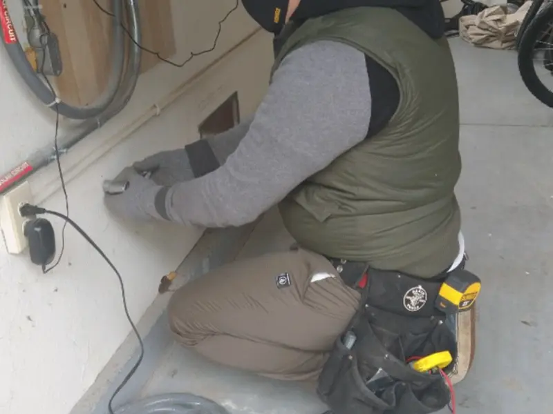 Electrician performing outlet wiring in a Westmont garage